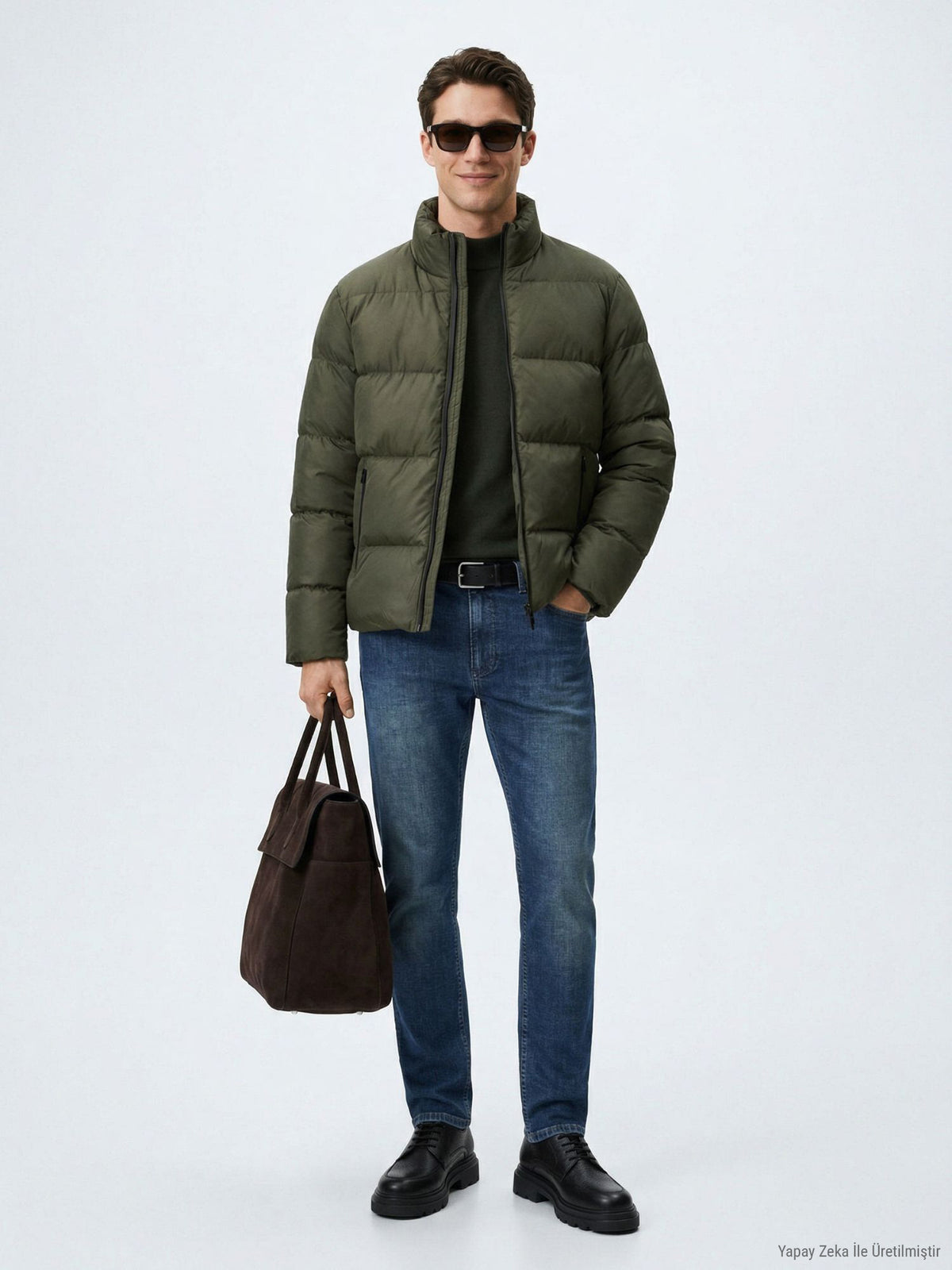 Khaki Regular Fit Turtleneck Weaving Coat