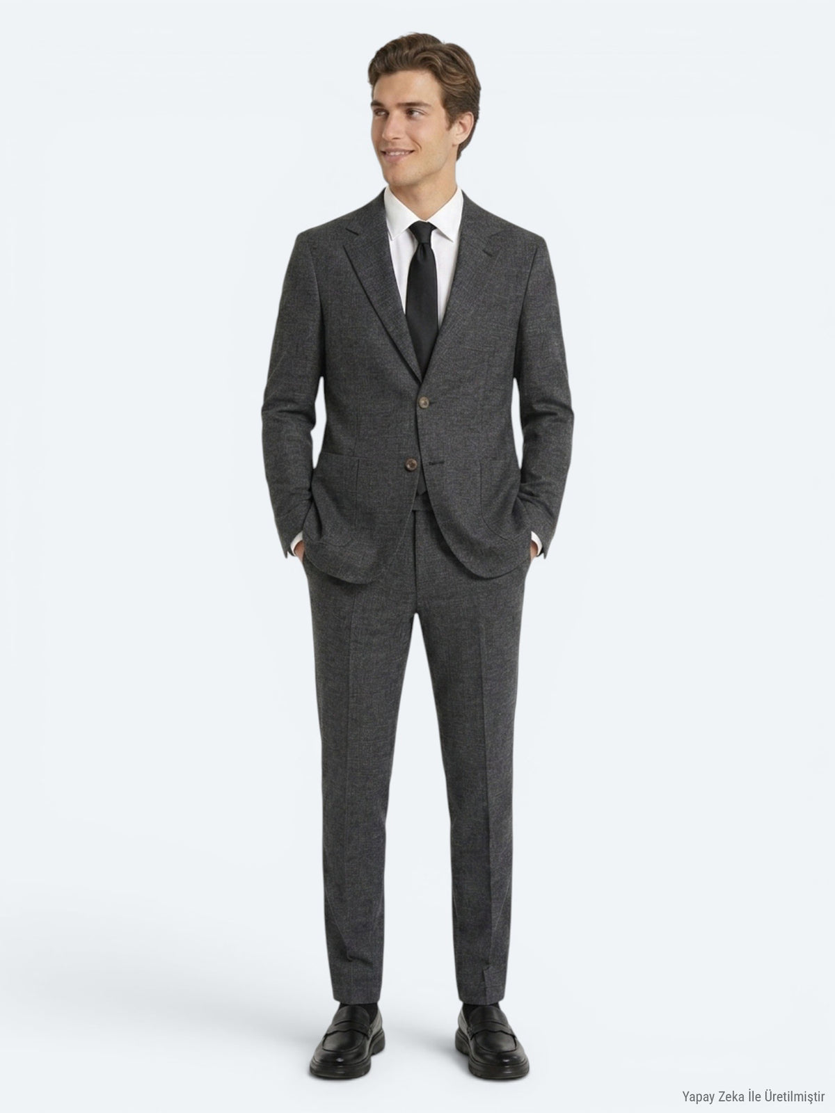 Siyah Desenli Modern Fit Keten Karışımlı Takım Elbise