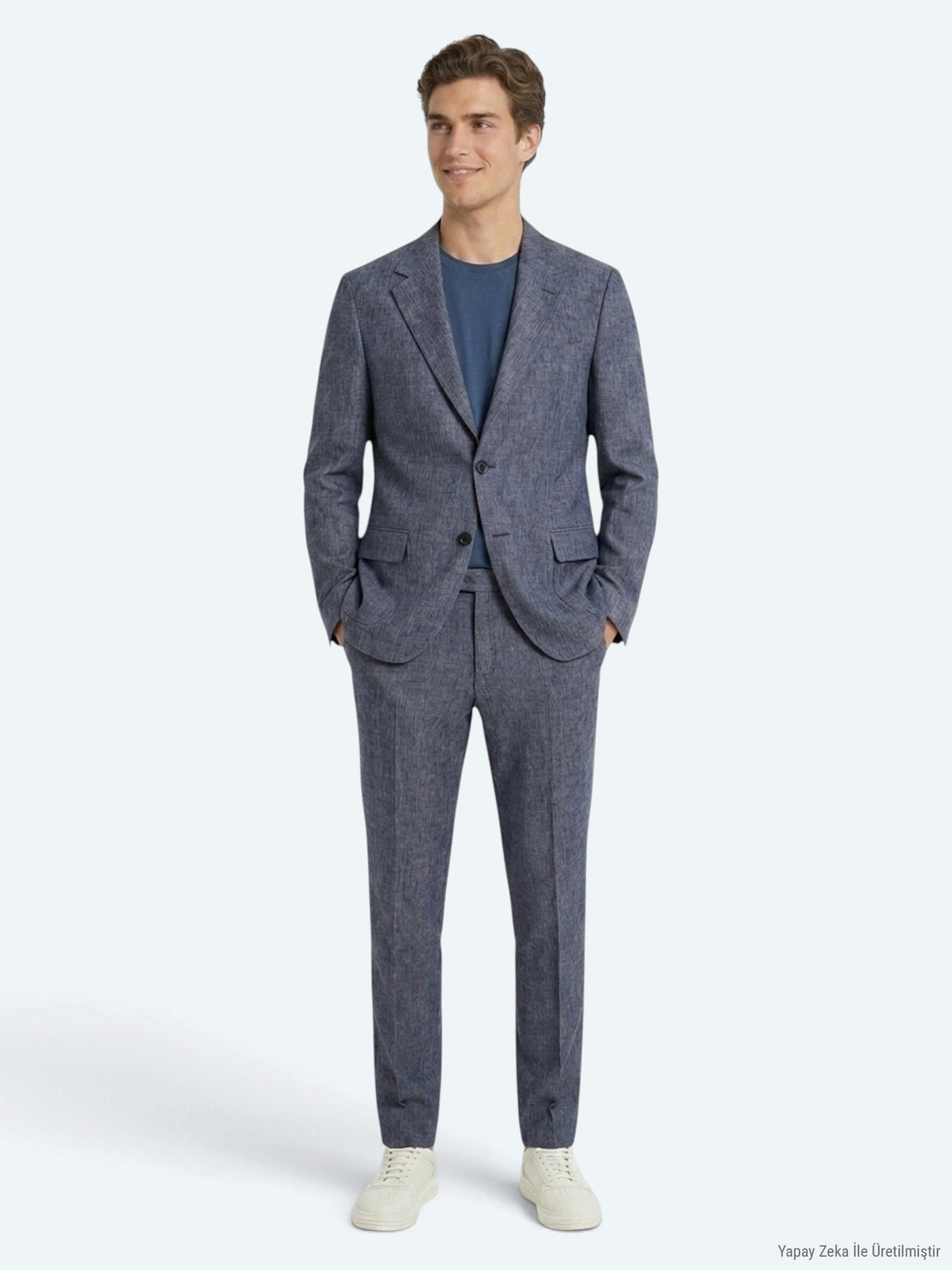 Mavi Desenli Modern Fit Keten Karışımlı Takım Elbise