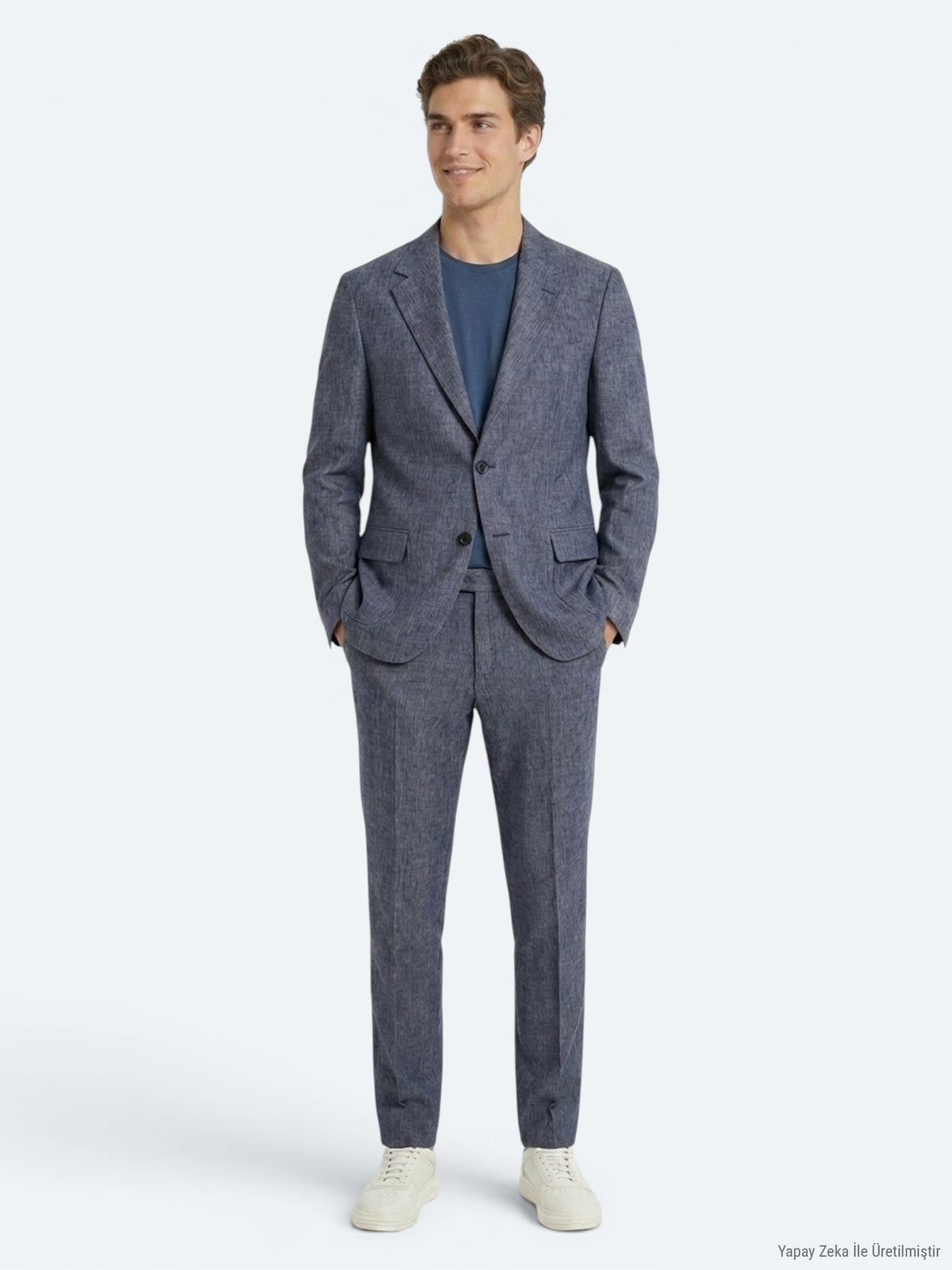 Mavi Desenli Modern Fit Keten Karışımlı Takım Elbise