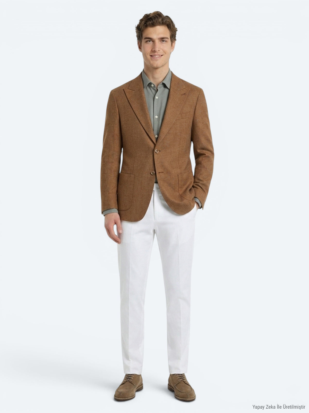 Kahverengi Desenli Modern Fit Keten Karışımlı Ceket