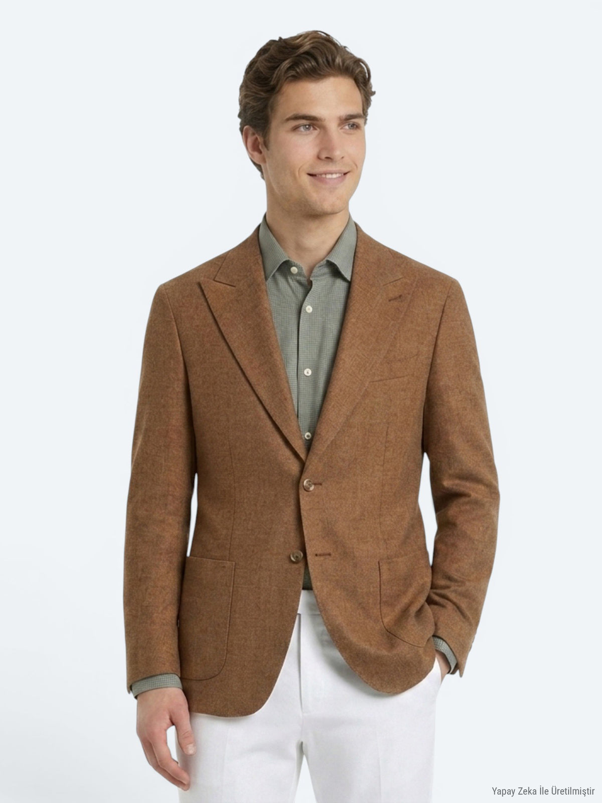 Kahverengi Desenli Modern Fit Keten Karışımlı Ceket