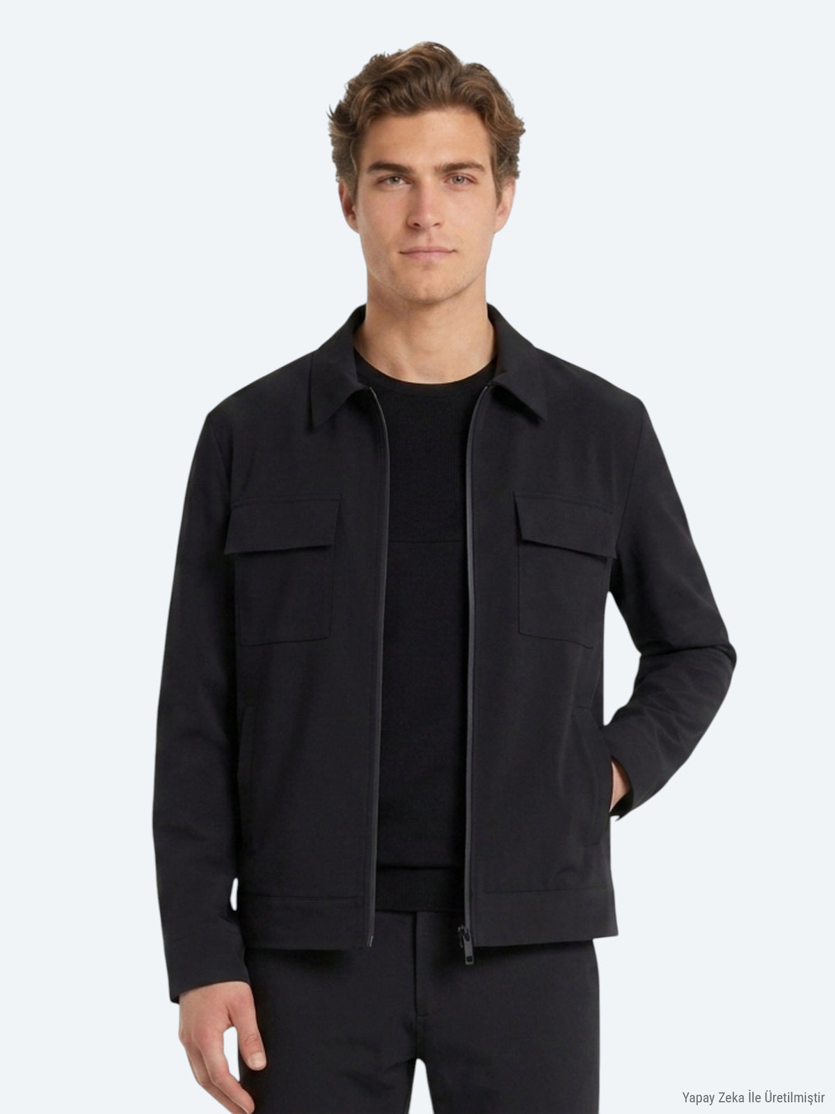 Siyah Regular Fit Gömlek Yaka Casual Dokuma Mont