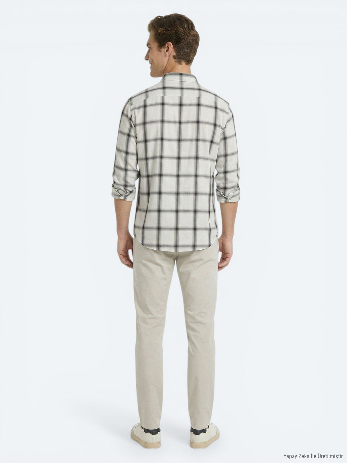 Bej Kareli Oversize Fit Uzun Dokuma Casual Gömlek
