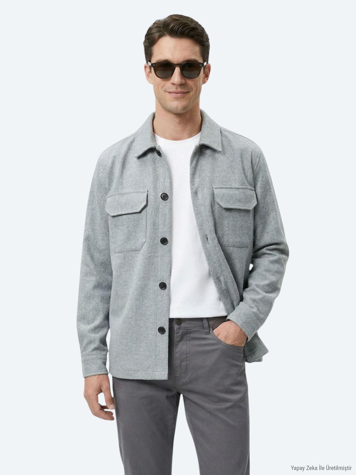 Gri Düz Regular Fit Uzun Dokuma Overshirt