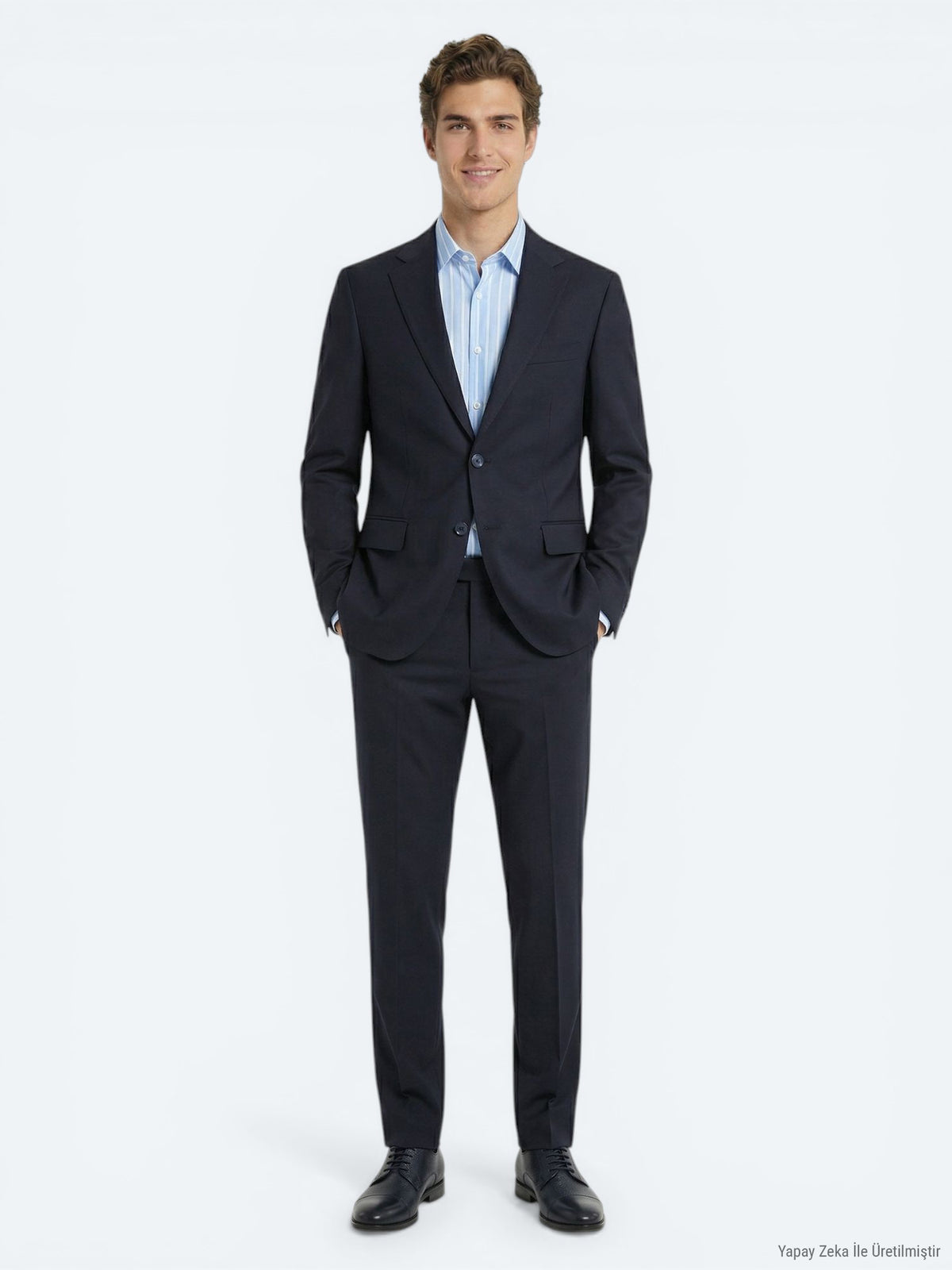 Lacivert Çizgili Modern Fit %100 Yün Takım Elbise