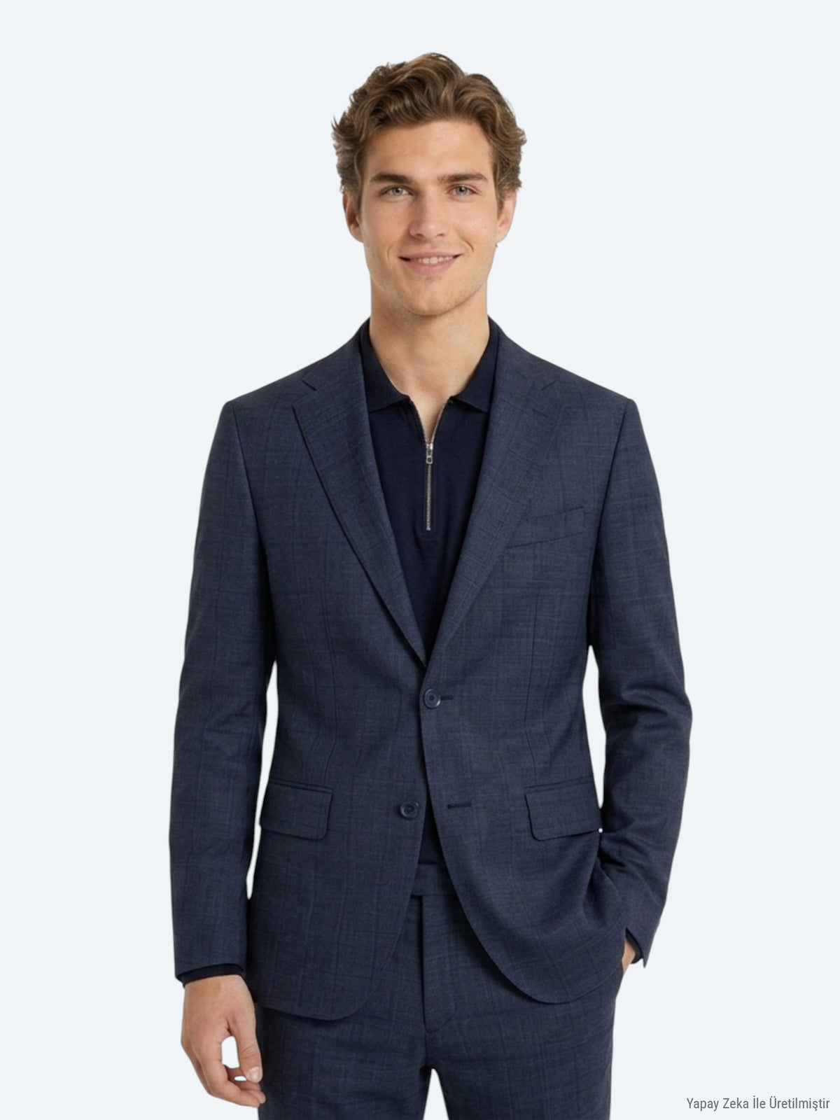 İndigo Çizgili Modern Fit Yün Karışımlı Takım Elbise