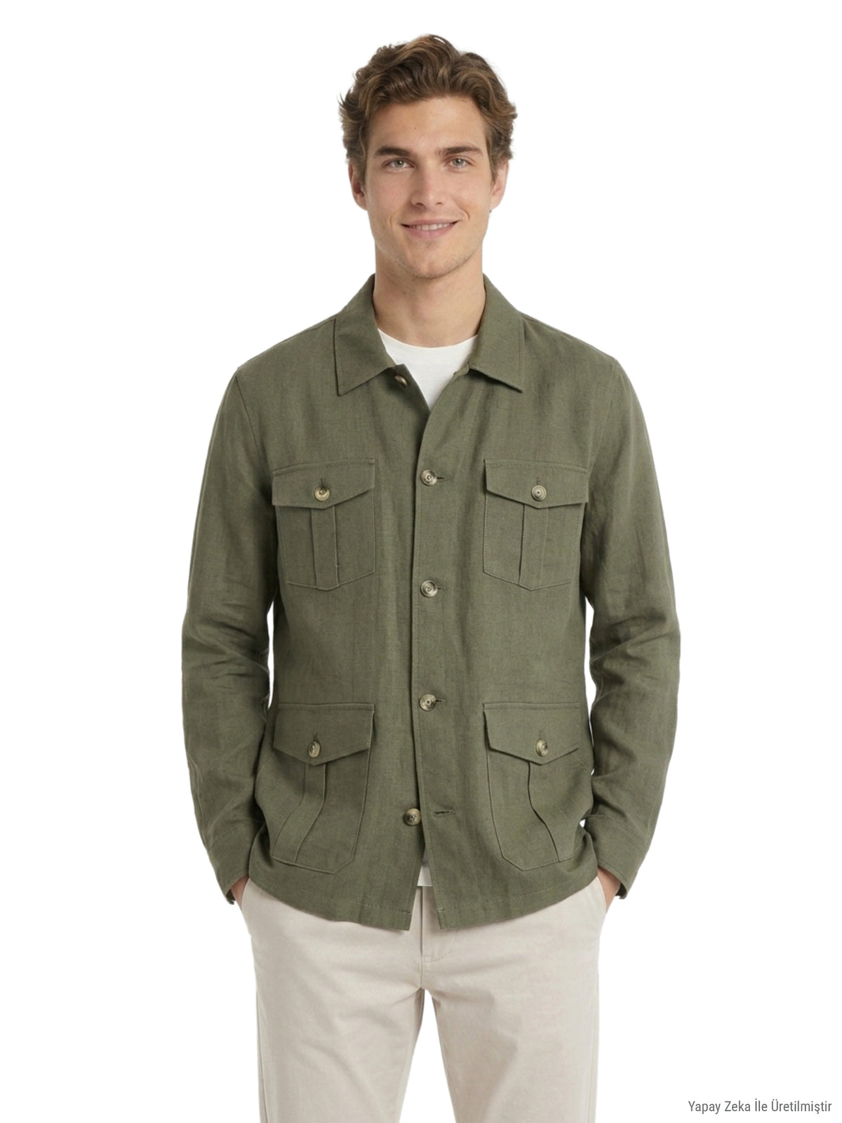Haki Düz Regular Fit Uzun Dokuma Pamuk Karışımlı Overshirt
