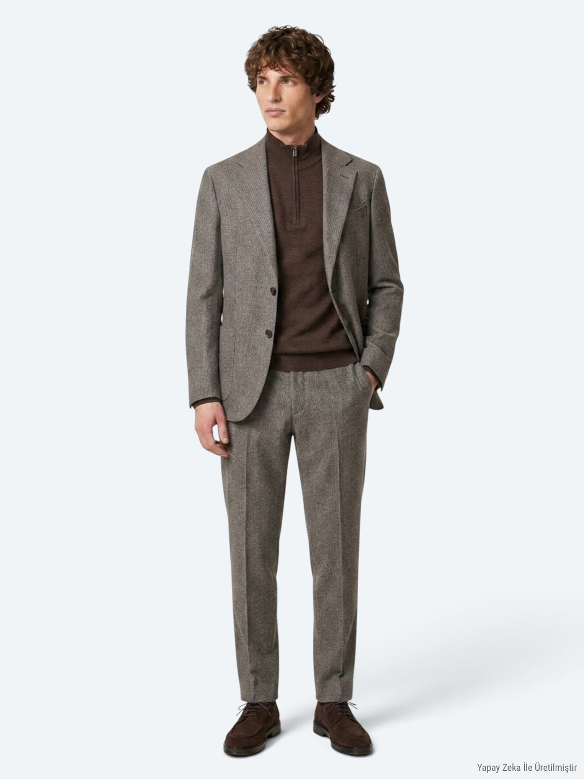 Açık Kahve Çizgili Modern Fit Yün Karışımlı Takım Elbise