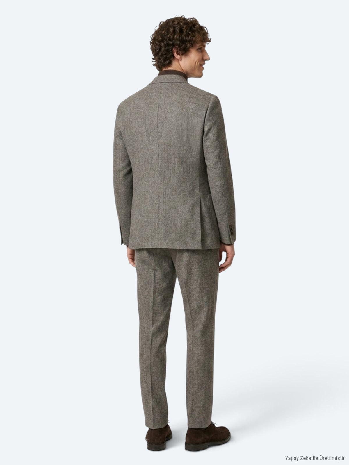 Açık Kahve Çizgili Modern Fit Yün Karışımlı Takım Elbise