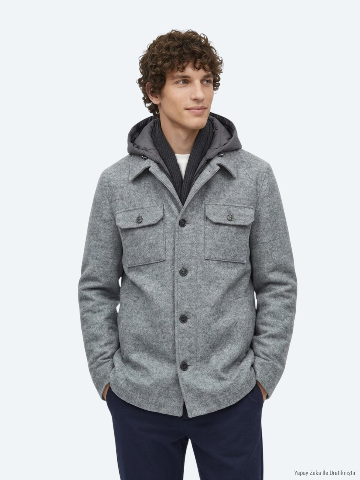 Gri Regular Fit Kapüşonlu Smart Casual Dokuma Mont