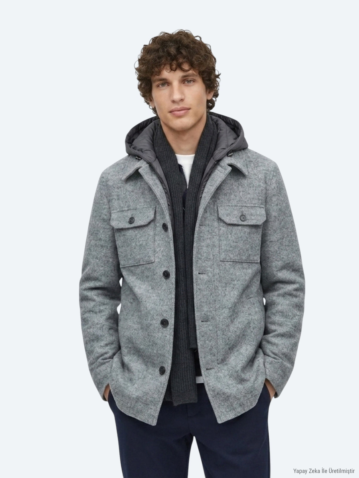 Gri Regular Fit Kapüşonlu Smart Casual Dokuma Mont