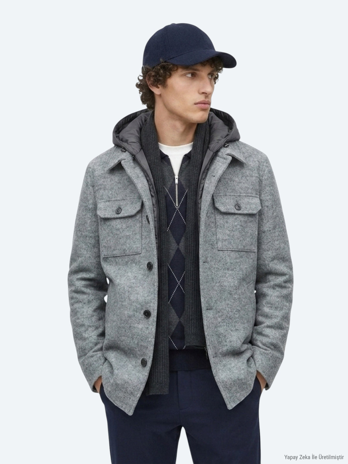 Gri Regular Fit Kapüşonlu Smart Casual Dokuma Mont