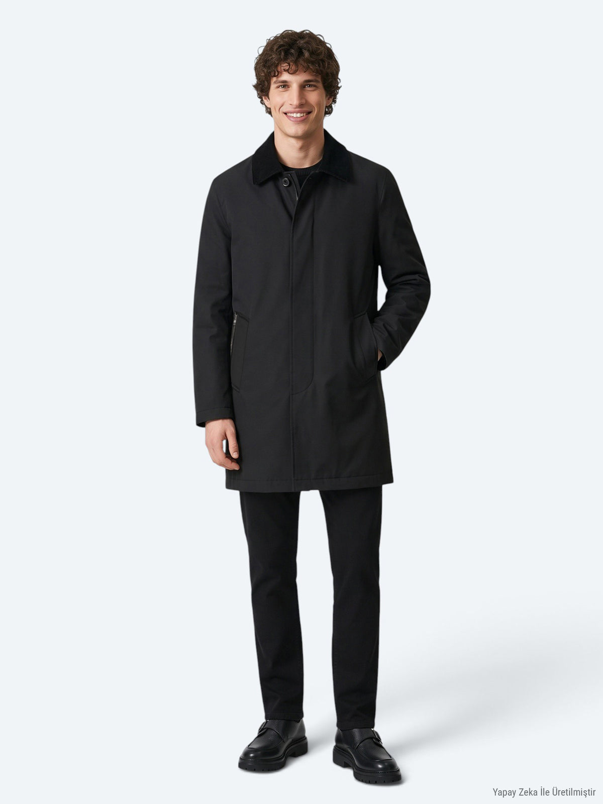 Siyah Regular Fit Gömlek Yaka Casual Dokuma Pardösü