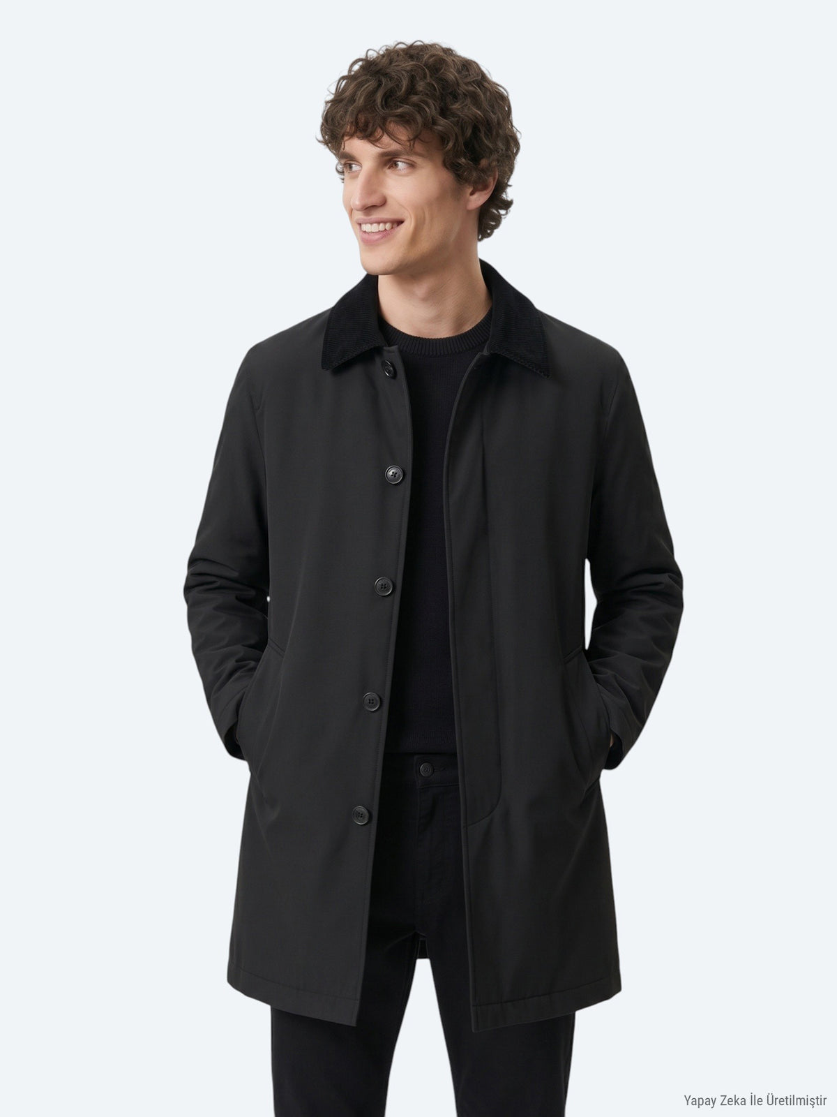 Siyah Regular Fit Gömlek Yaka Casual Dokuma Pardösü