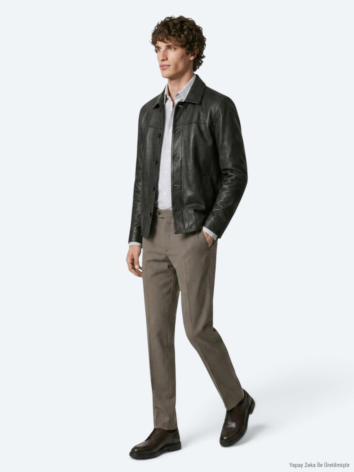 Haki Regular Fit Gömlek Yaka Casual Deri Deri Mont