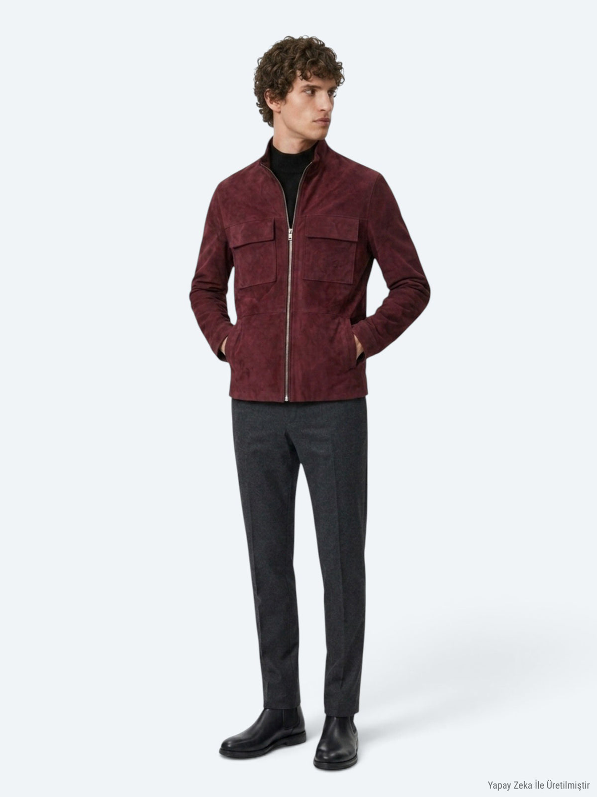 Bordo Regular Fit Dik Yaka Casual Süet Deri Mont