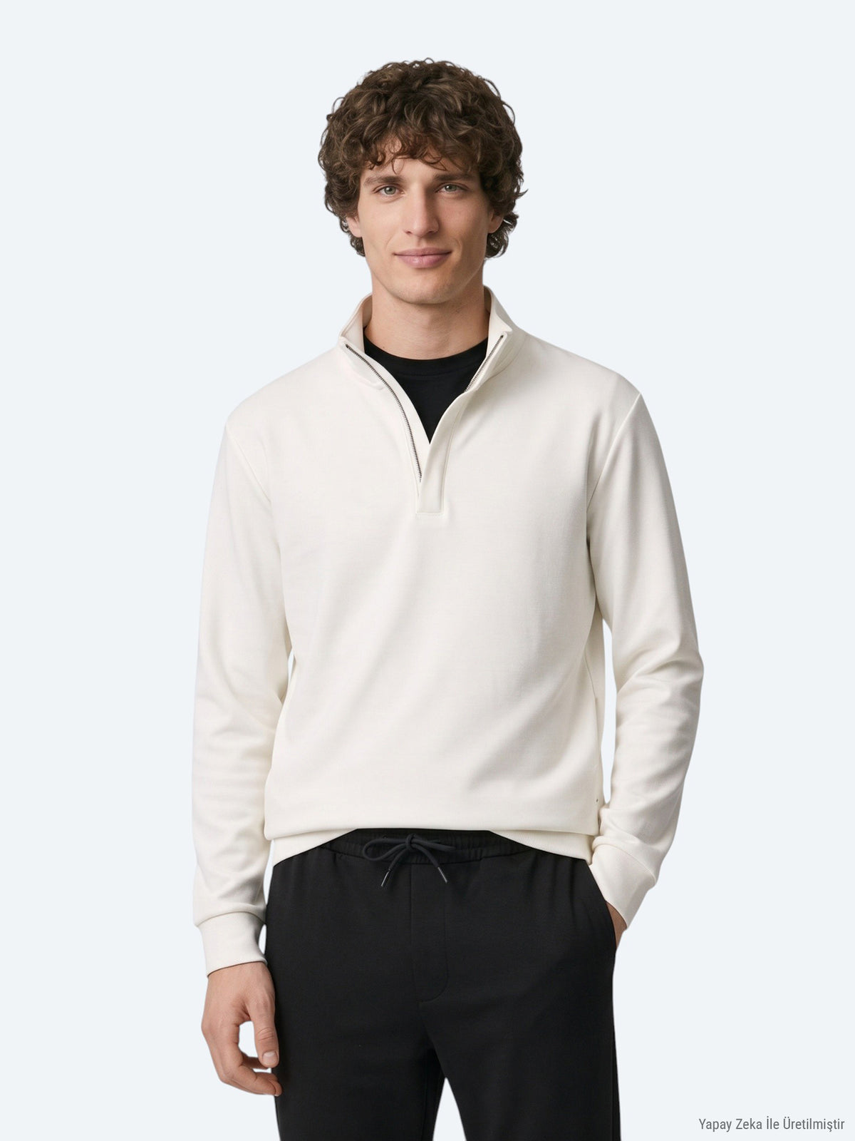 Ekru Dik Yaka Düz Sweatshirt