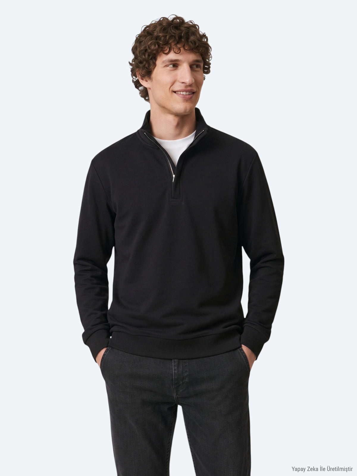 Siyah Dik Yaka Düz Sweatshirt