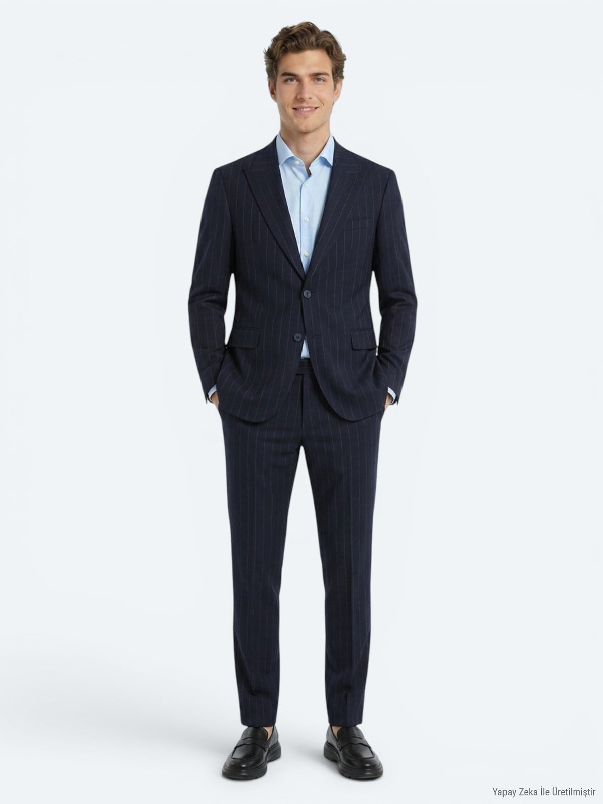 Lacivert Çizgili Modern Fit İpek Karışımlı Takım Elbise
