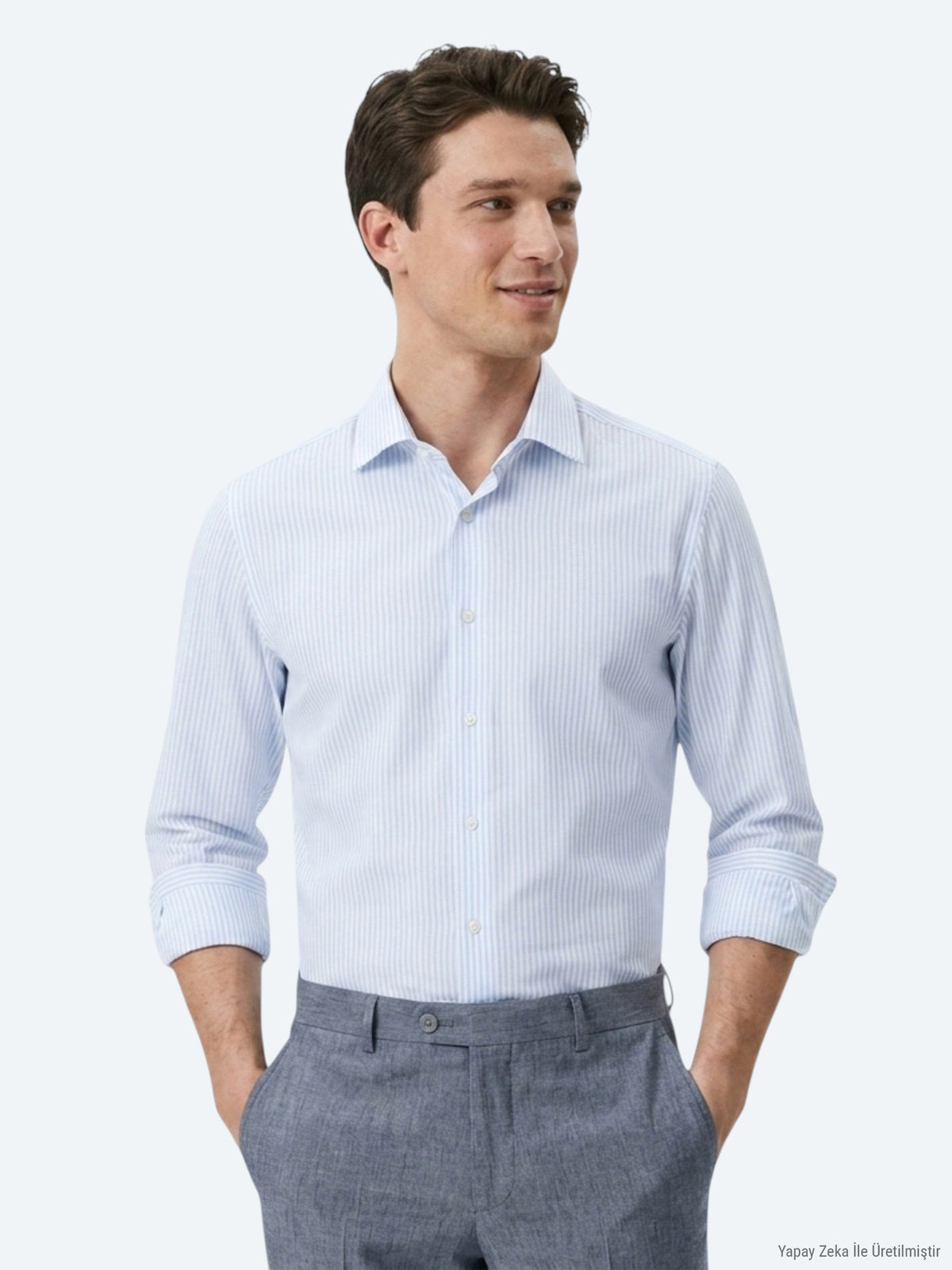 Açık Mavi Çizgili Regular Fit Uzun Dokuma Casual Pamuk Karışımlı Gömlek