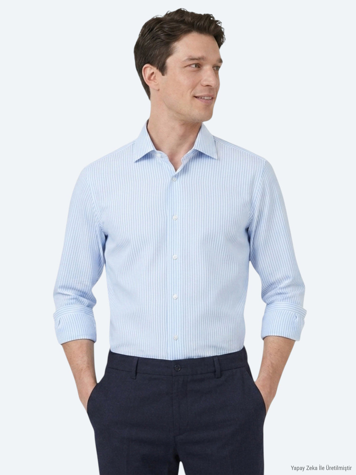 Açık Mavi Çizgili Regular Fit Uzun Dokuma Casual Pamuk Karışımlı Gömlek
