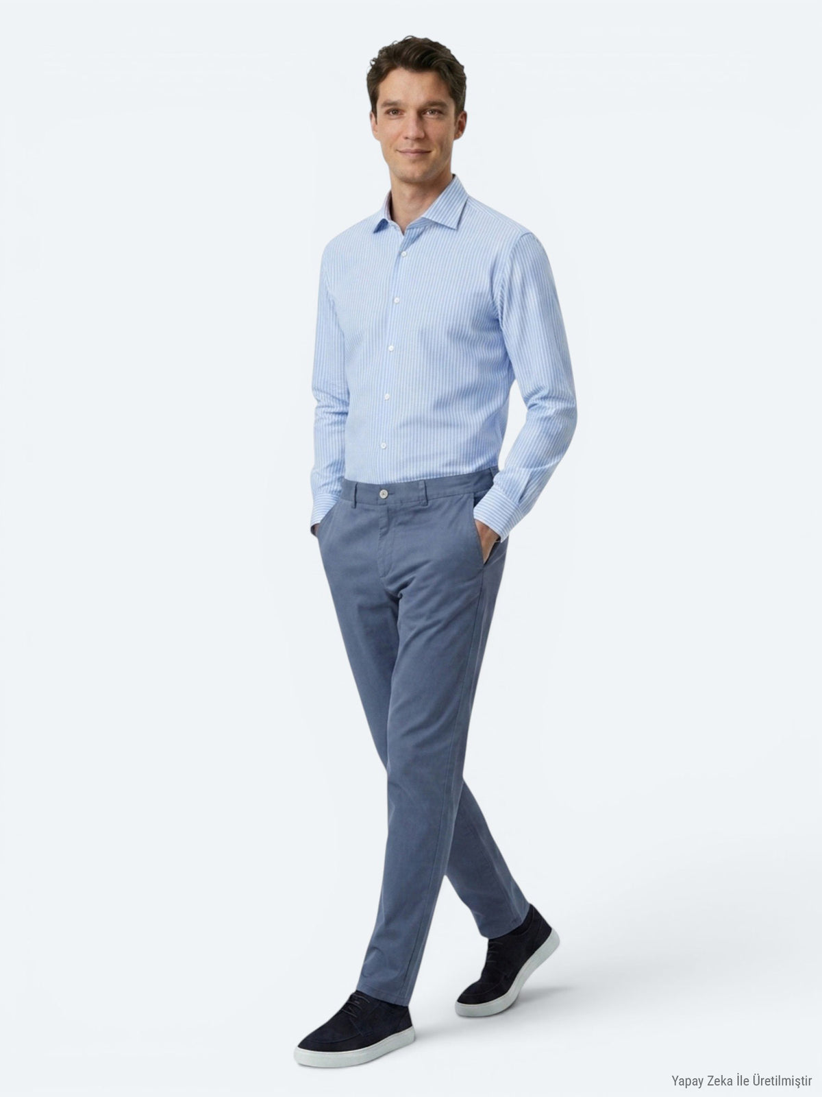 Mavi Çizgili Regular Fit Uzun Dokuma Casual Pamuk Karışımlı Gömlek