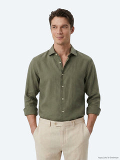 Haki Regular Fit Uzun Dokuma Casual Pamuk Karışımlı Gömlek