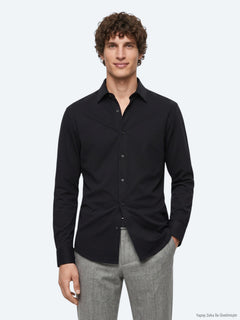 Siyah Düz Regular Fit Uzun Casual %100 Pamuk Gömlek