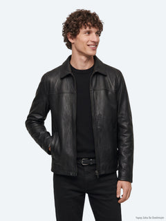 Siyah Regular Fit Gömlek Yaka Casual Deri Deri Mont