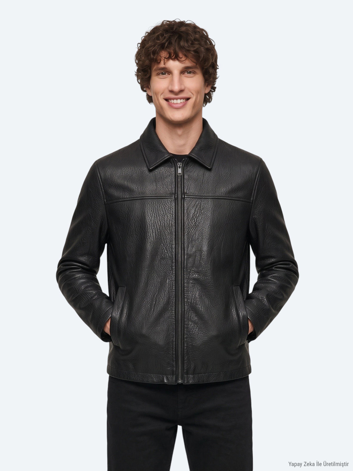 Siyah Regular Fit Gömlek Yaka Casual Deri Deri Mont