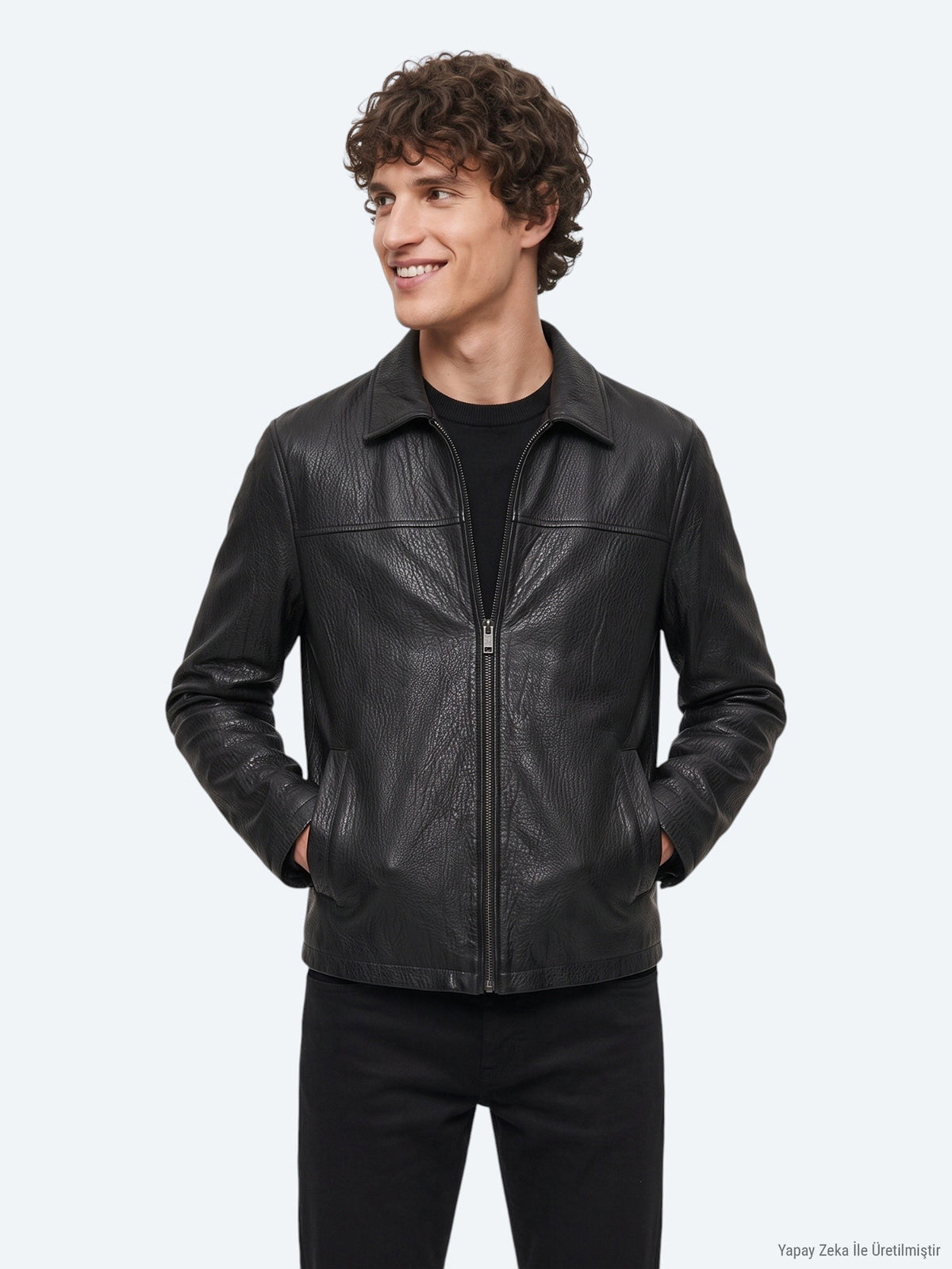 Siyah Regular Fit Gömlek Yaka Casual Deri Deri Mont