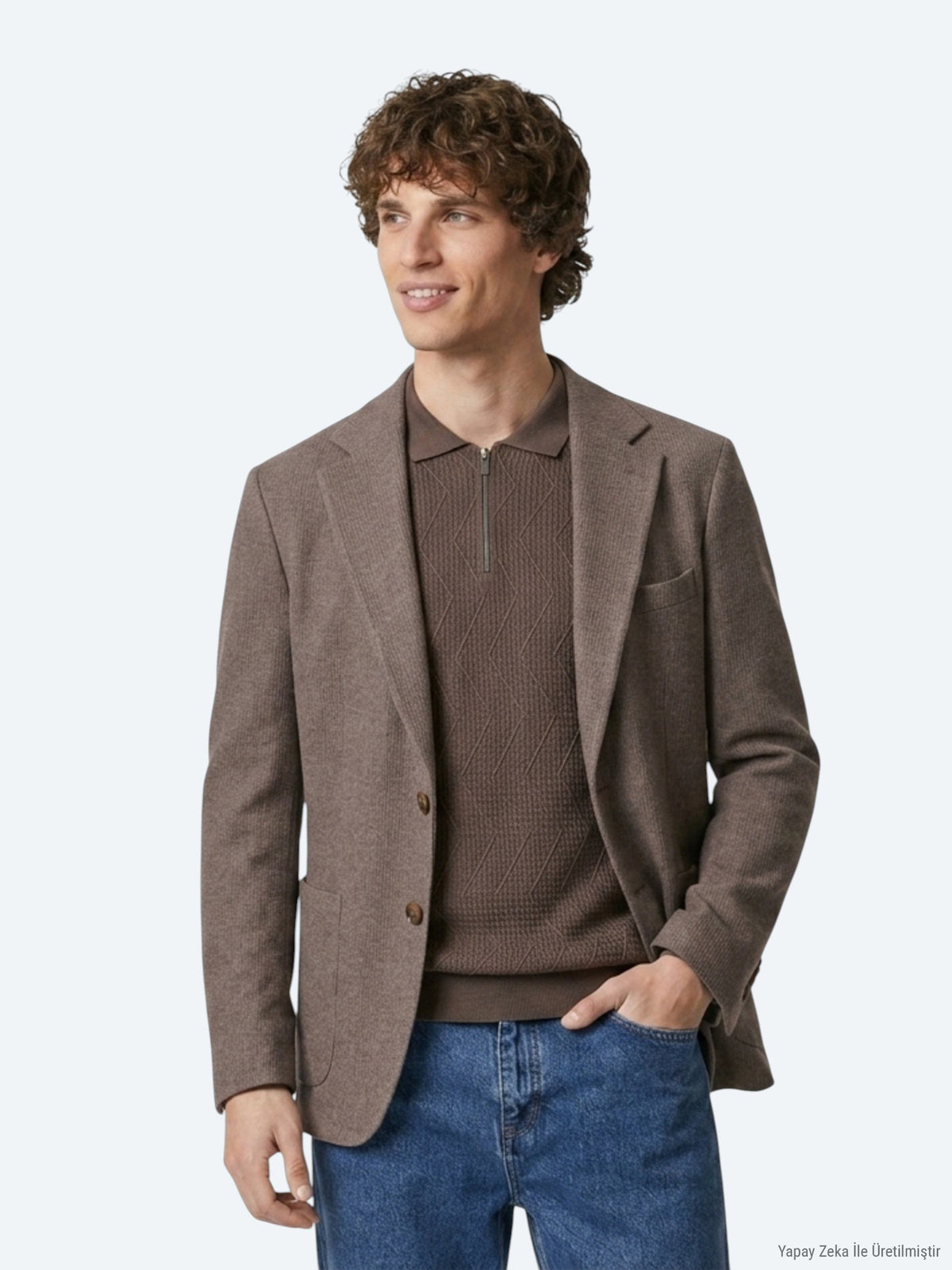 Kahverengi Kareli Modern Fit Yün Karışımlı Örme Ceket