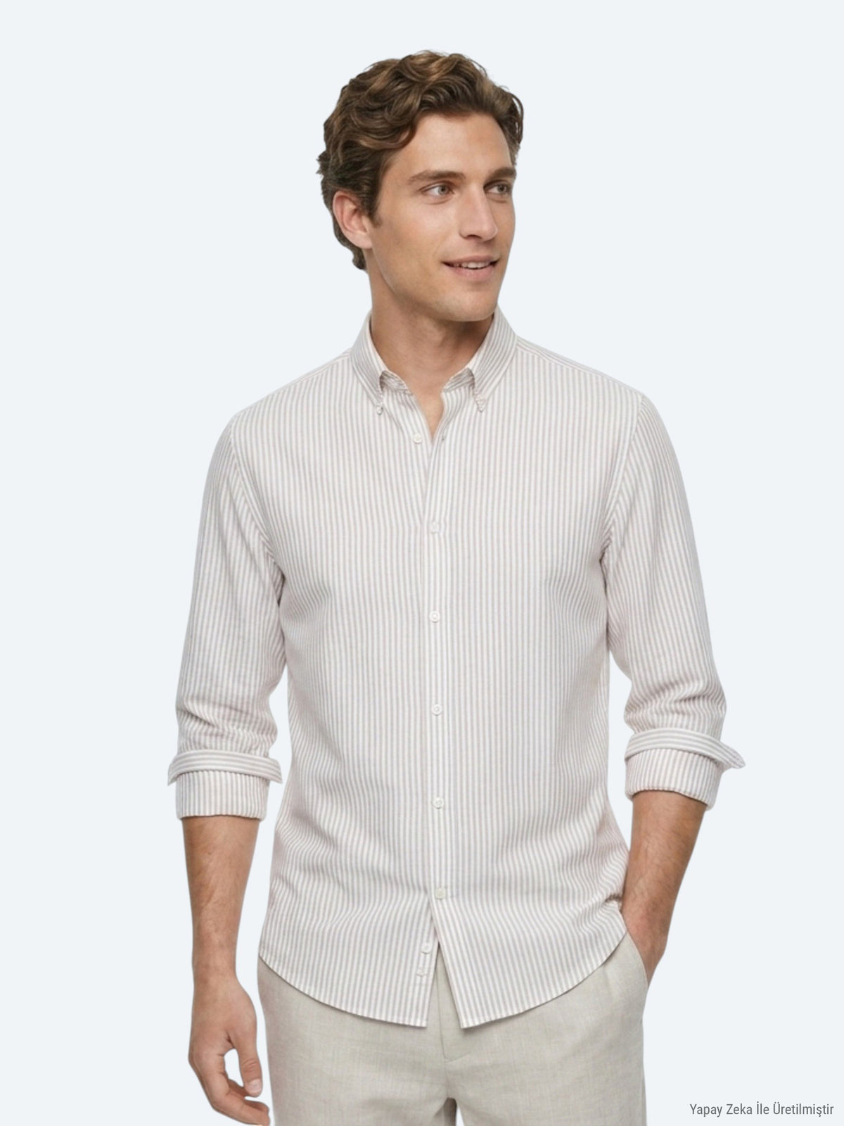 Bej Çizgili Regular Fit Uzun Dokuma Casual %100 Pamuk Gömlek