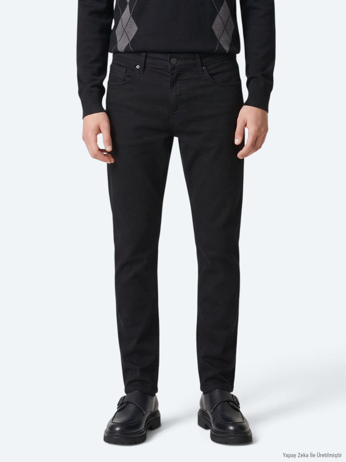 Siyah Düz Slim Fit Denim Pamuk Karışımlı Pantolon