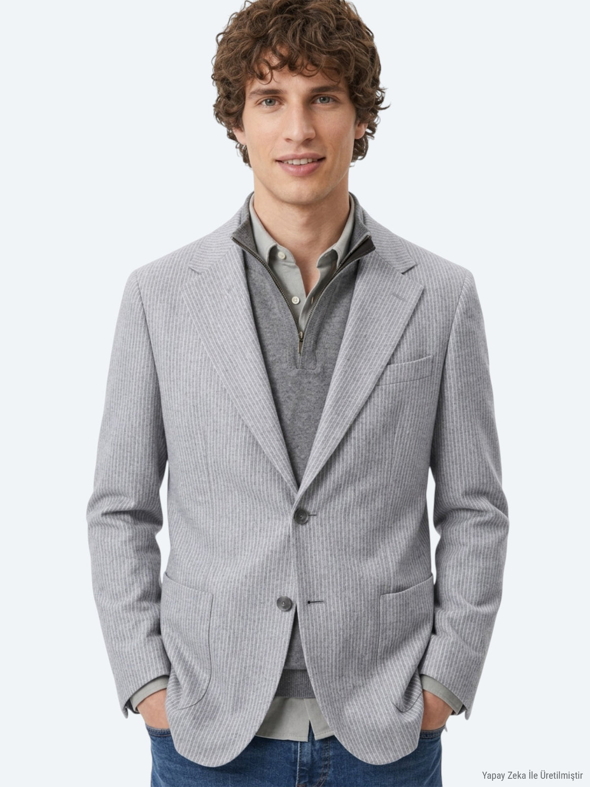 Haki Çizgili Modern Fit Yün Karışımlı Ceket