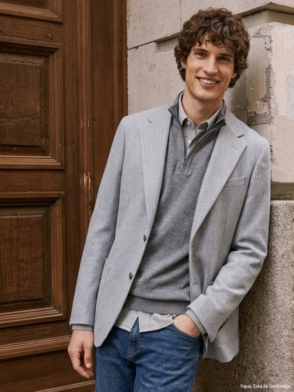 Haki Çizgili Modern Fit Yün Karışımlı Ceket