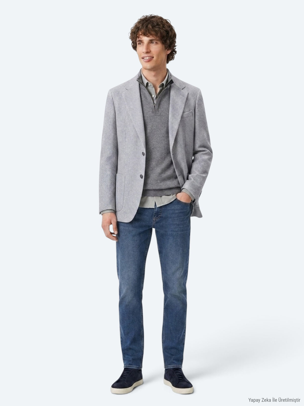 Haki Çizgili Modern Fit Yün Karışımlı Ceket