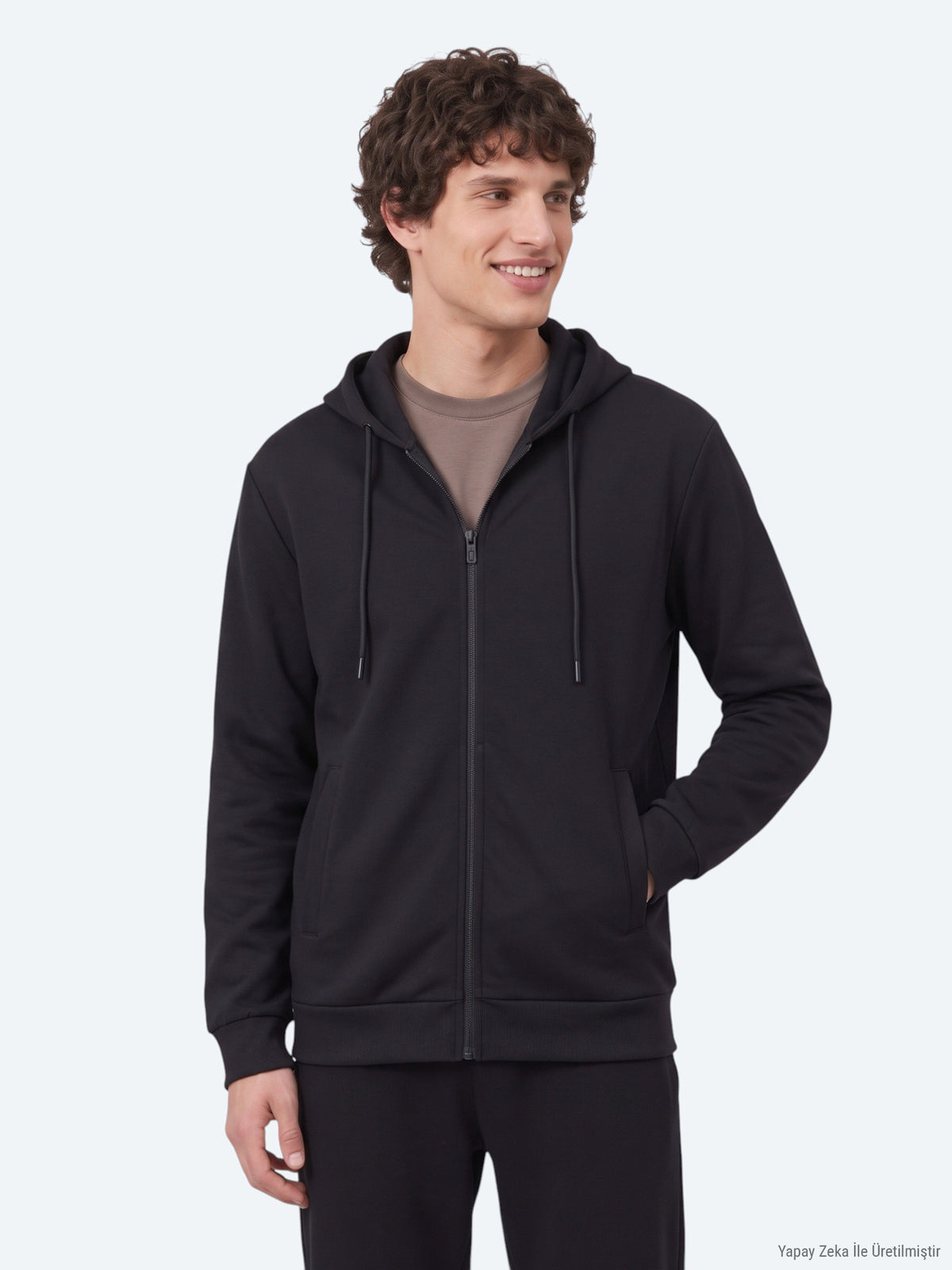 Siyah Kapüşonlu Düz Sweatshirt