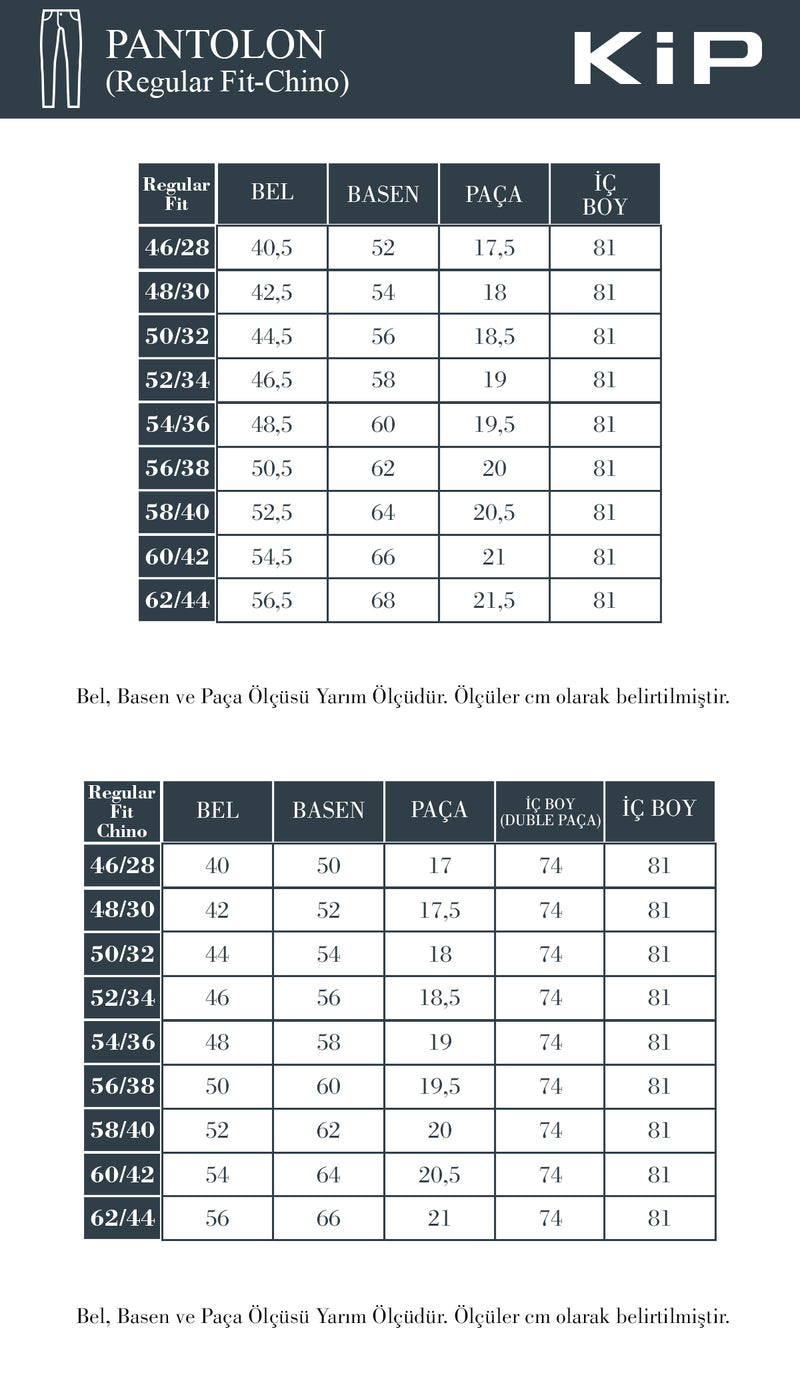 Beden Tablosu - Pantolon (Regular Fit-Chino)