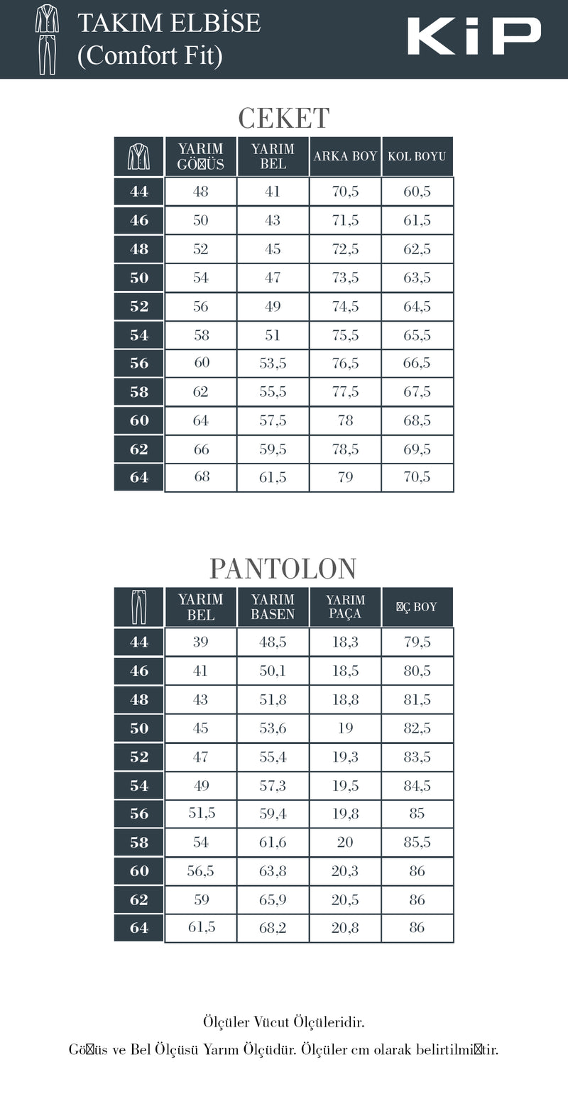 Beden Tablosu - Takım Elbise (Comfort Fit)