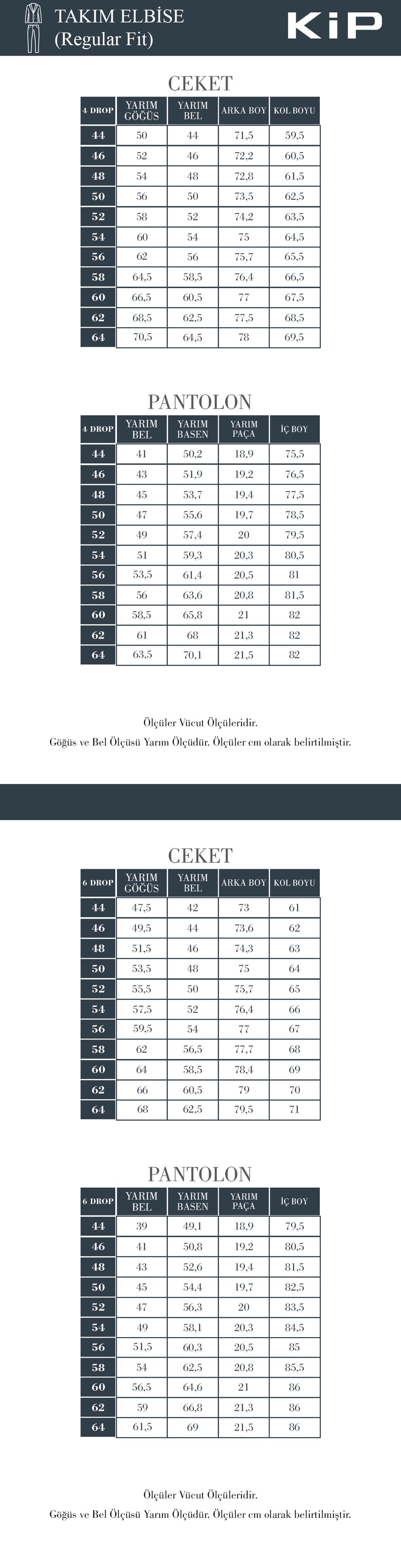 Beden Tablosu - Takım Elbise (Regular Fit)