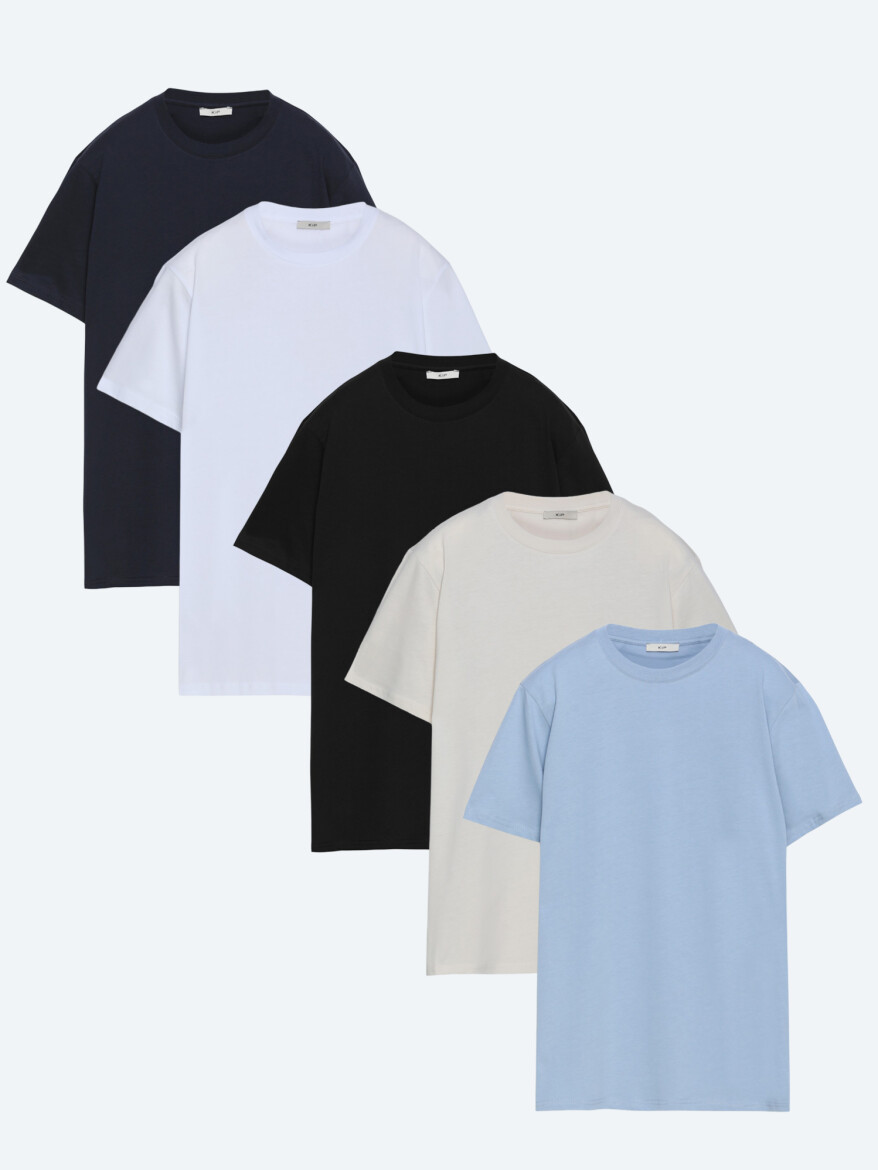 Çok Renkli 5'li Düz %100 Pamuk T-Shirt - KİP