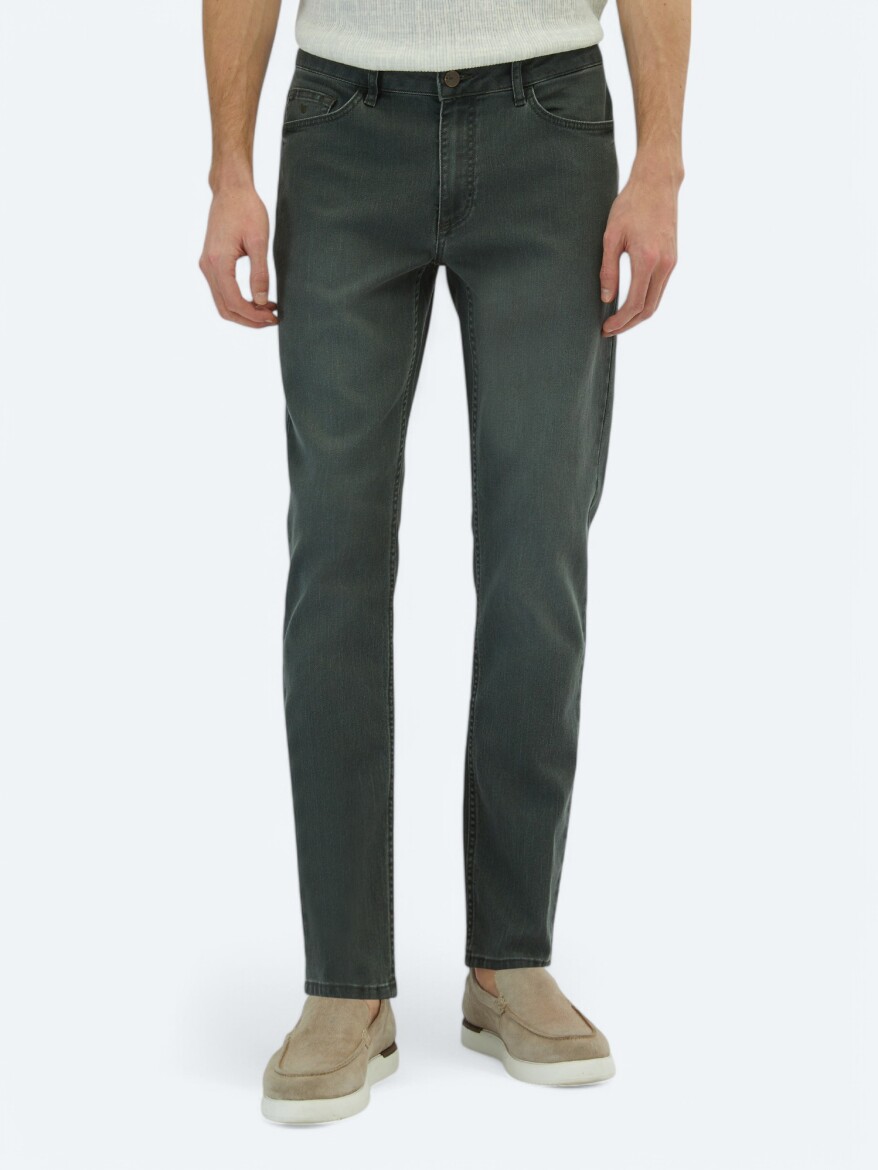 Dark Green Slim Fit Denim Cotton Blended Trousers - KİP
