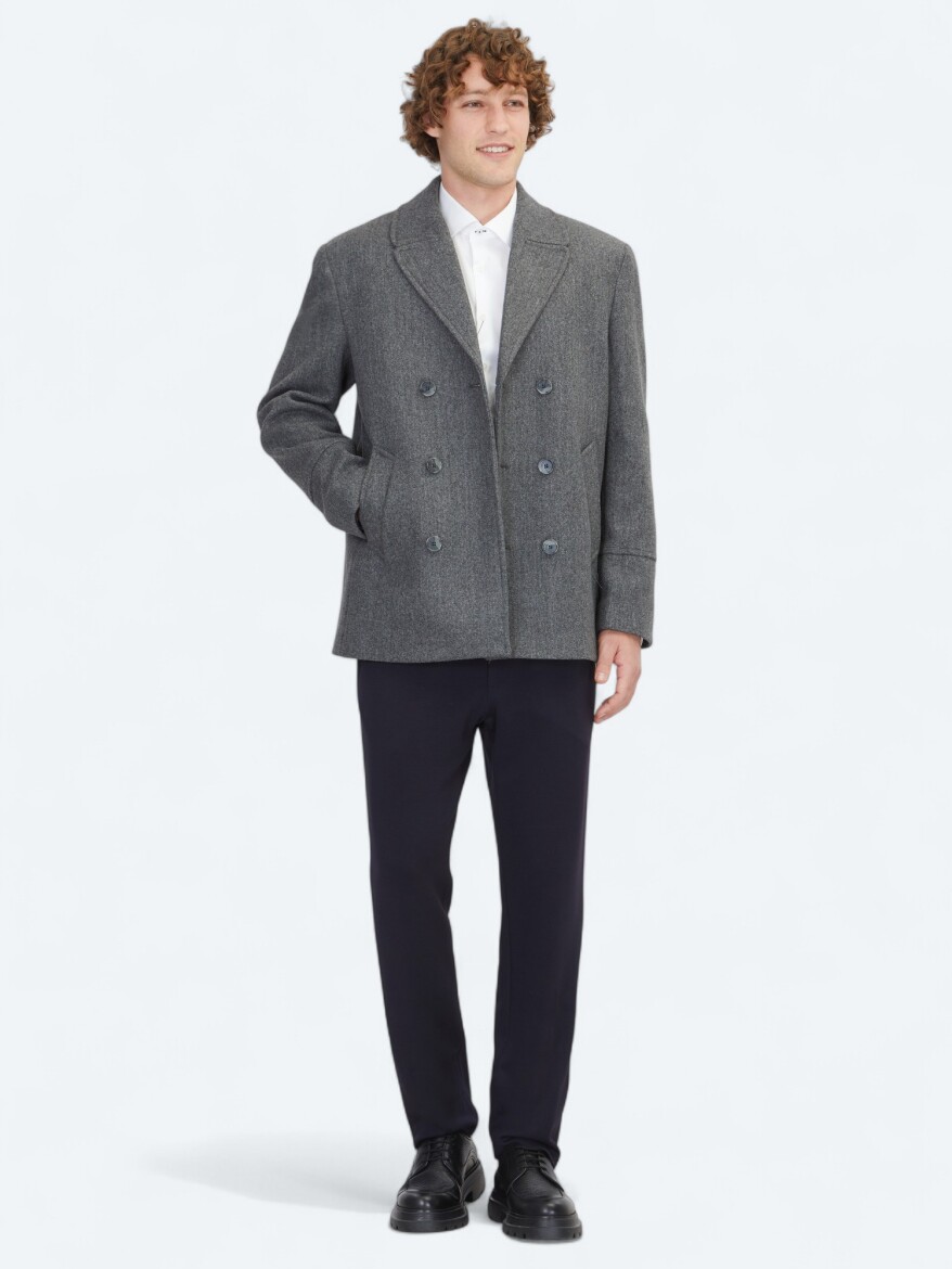 Dark Grey Regular Fit Double Breasted Collar Casual Knitting Coat 