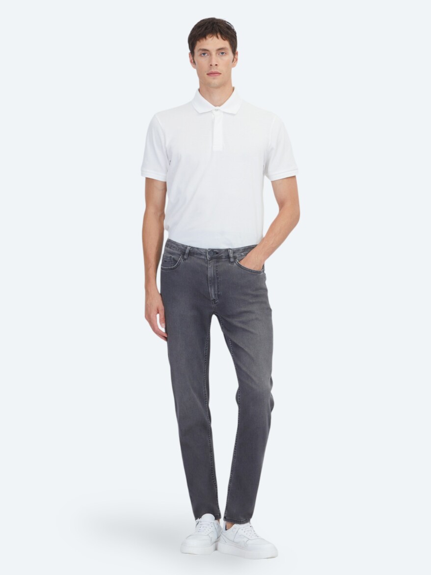 Dark Grey Slim Fit Denim Cotton Blended Trousers - 1