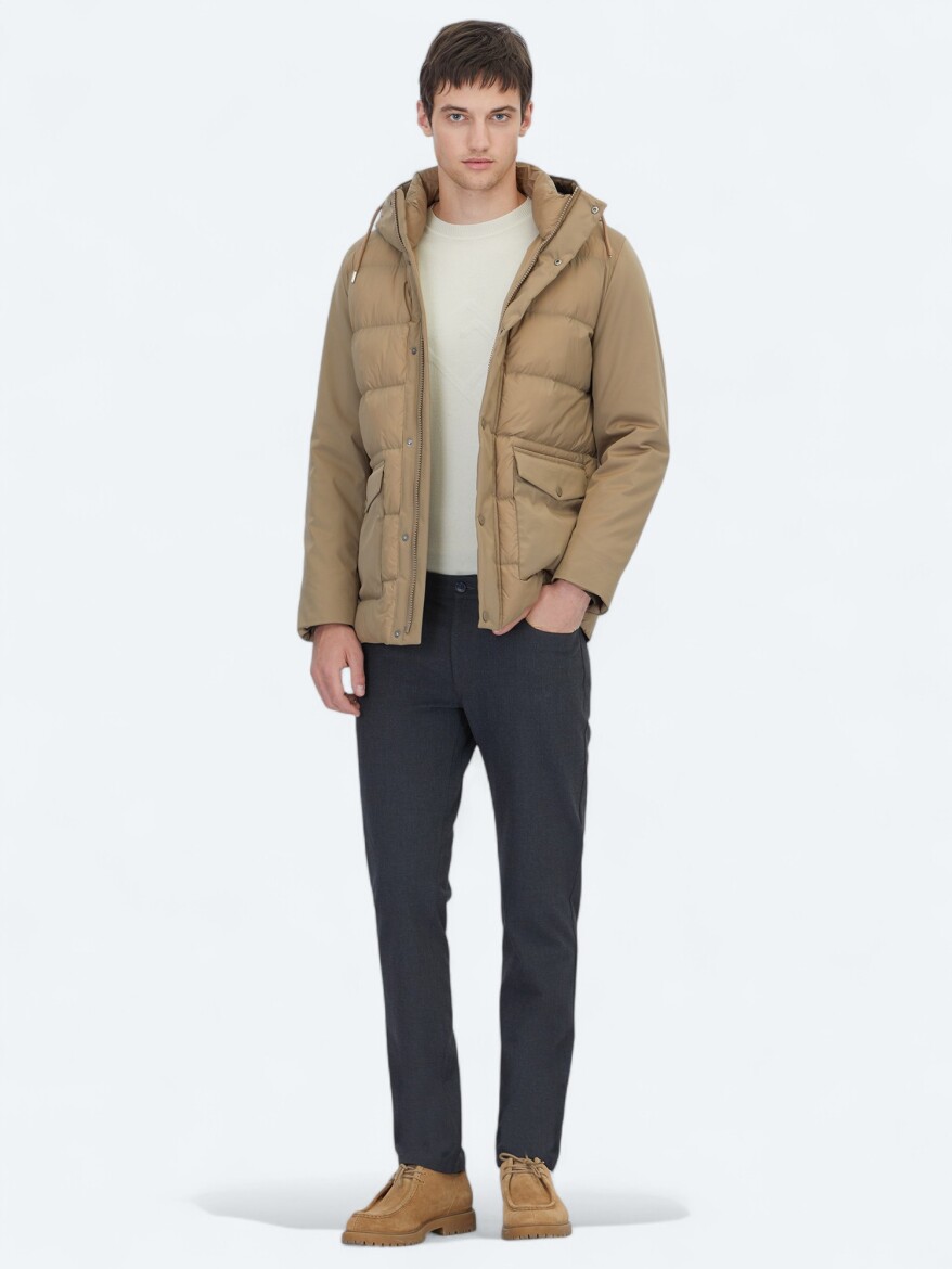 Deve Tüyü Kapüşonlu Casual Dokuma Kaban - KİP