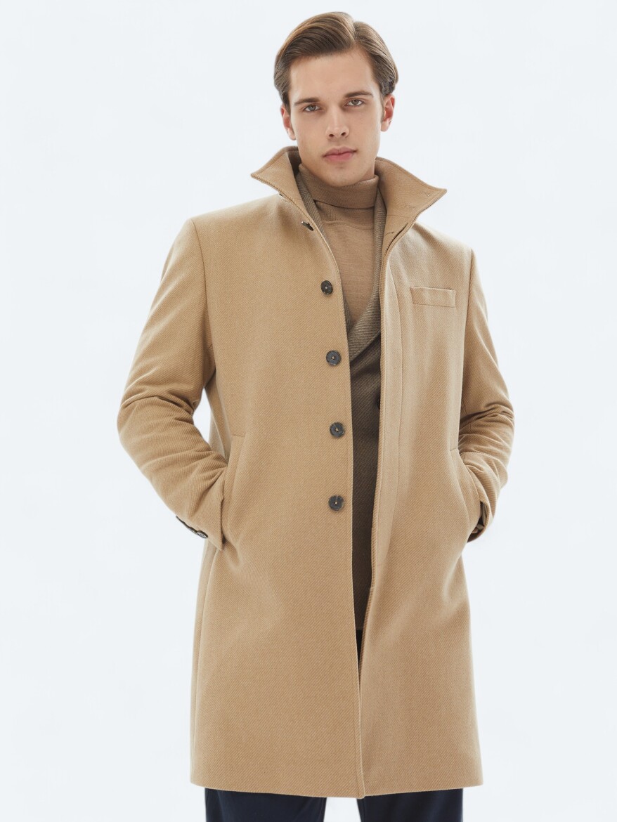 Deve Tüyü Regular Fit Dik Yaka Klasik Dokuma Palto - KİP