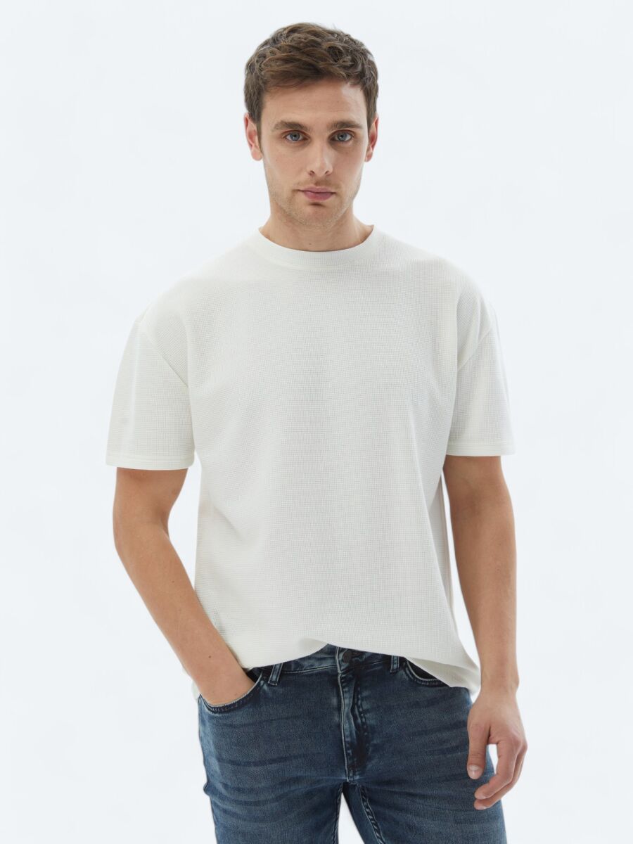 Ecru Crew Neck 100% Cotton T-Shirt - 1