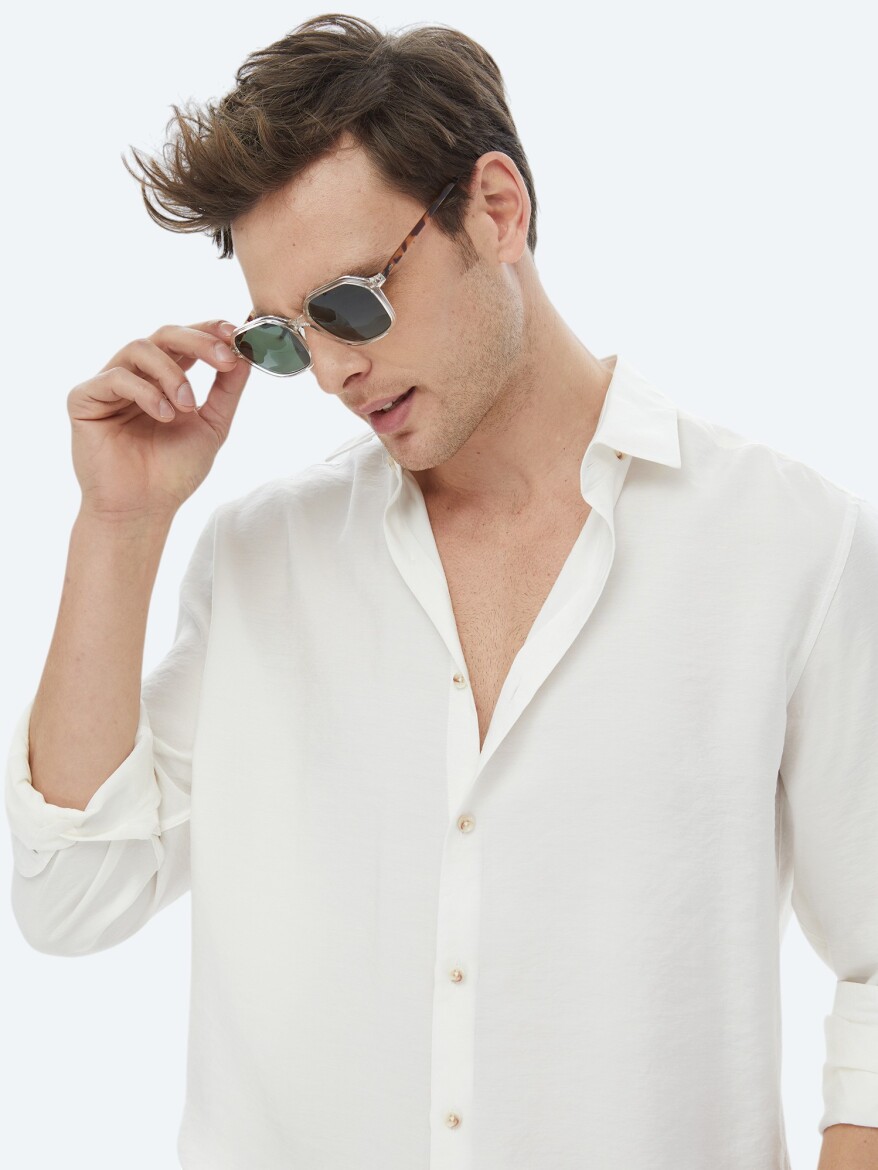 Ecru Plain Regular Fit Weaving Casual Shirt - 5